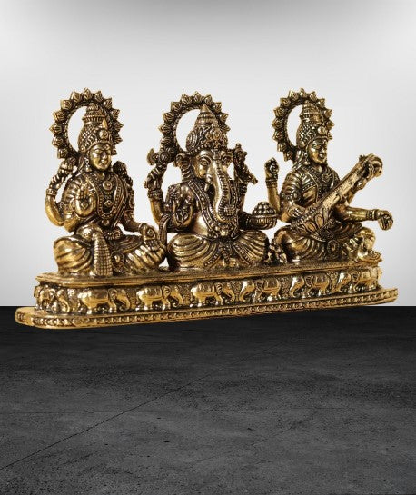 Goddess Lakshmi, Saraswati and Lord Ganesha Small Brass Idol